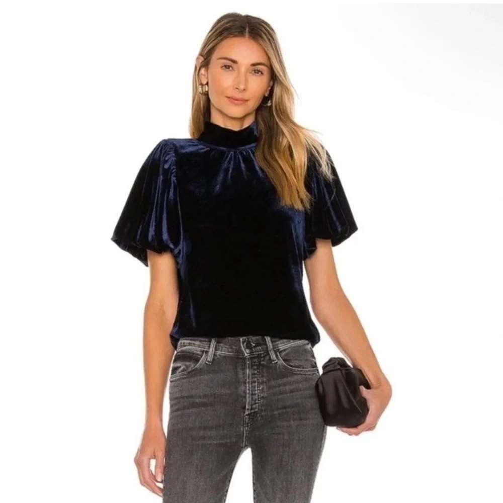 Free People Claudia Velvet Mock Neck Blouse in Outerspace Size M